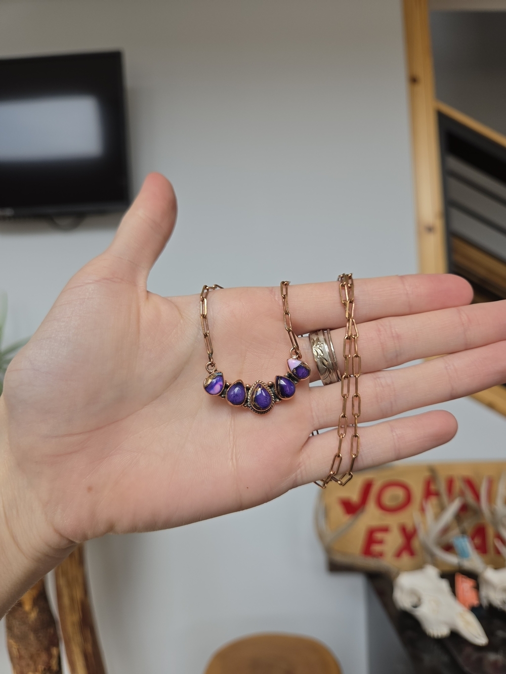 Purple Dahlia Turquoise Copper Paperclip Necklace